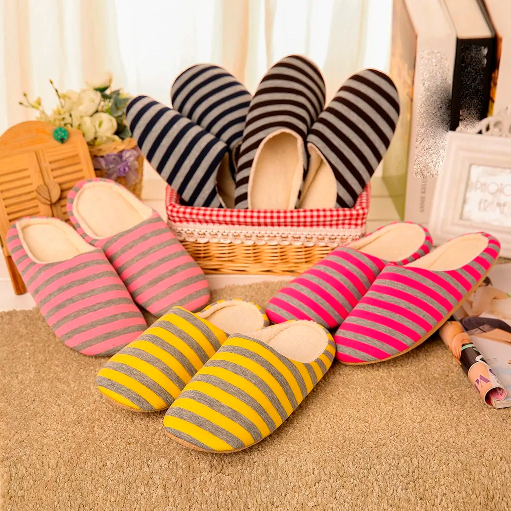 Women House Shoes 2023 Soft Striped Indoor Mute Cotton Slippers Non-Slip Slippers Warm Plush Unisex Comfort Home Floor Slipper