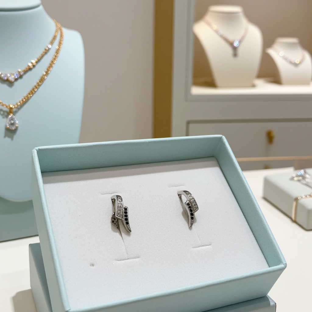 Silver-tone curved wave stud earrings set with alternating clear and black rhinestones, angled view