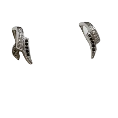 Silver-tone curved wave stud earrings set with alternating clear and black rhinestones, further view