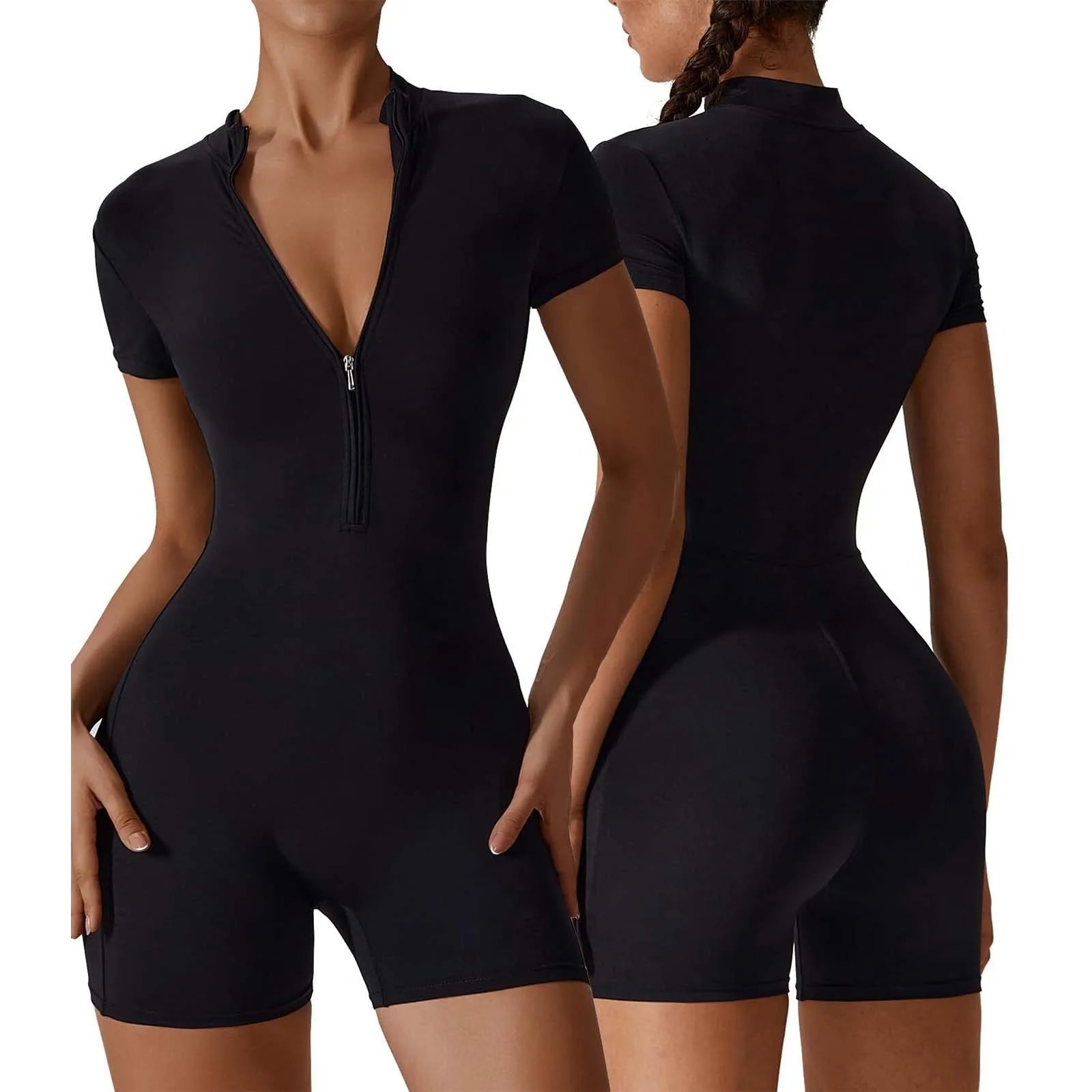 Women'S Solid Sporty Tight Playsuit Summer Zippered Front Short Sleeve Fitness Shorts Bodysuits