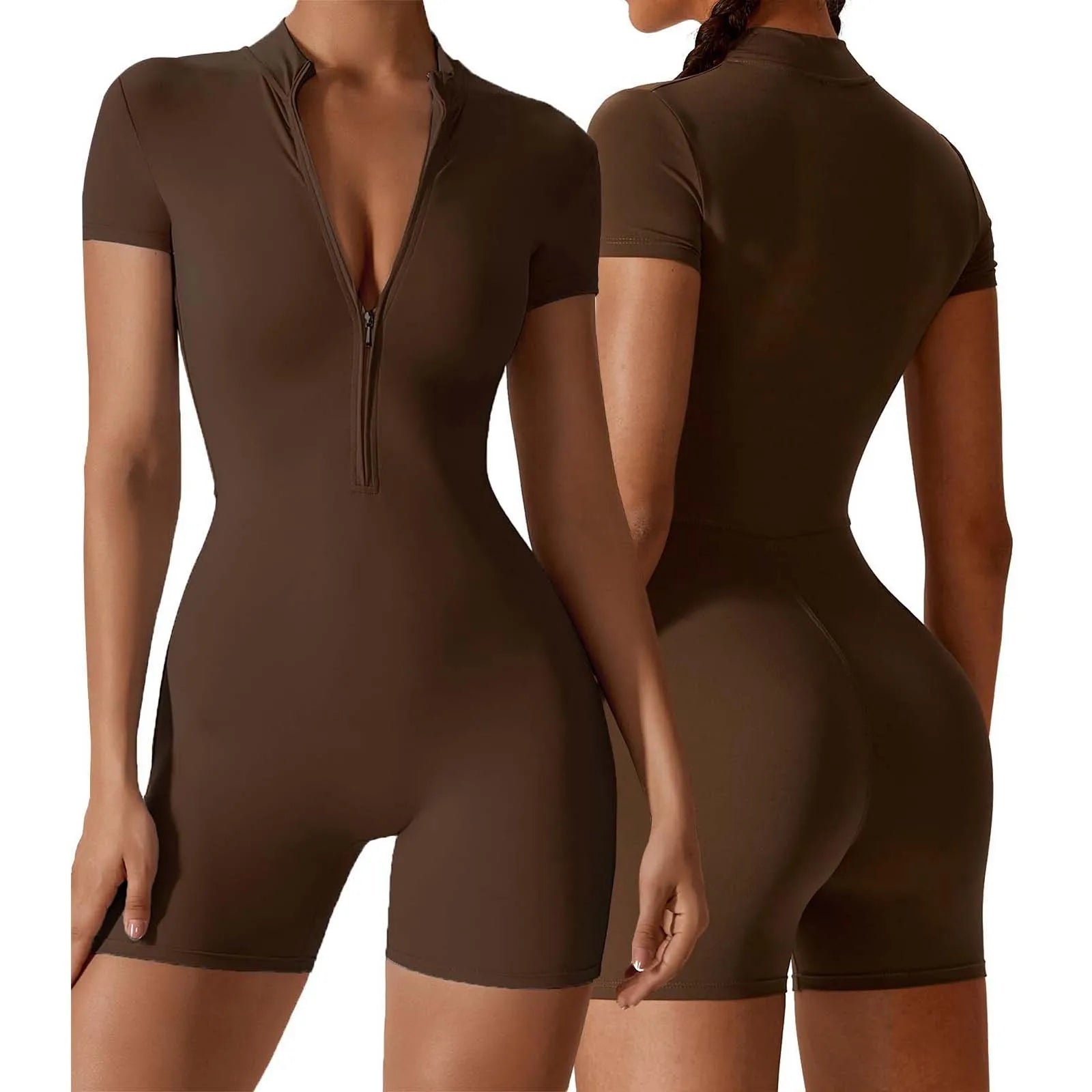 Women'S Solid Sporty Tight Playsuit Summer Zippered Front Short Sleeve Fitness Shorts Bodysuits