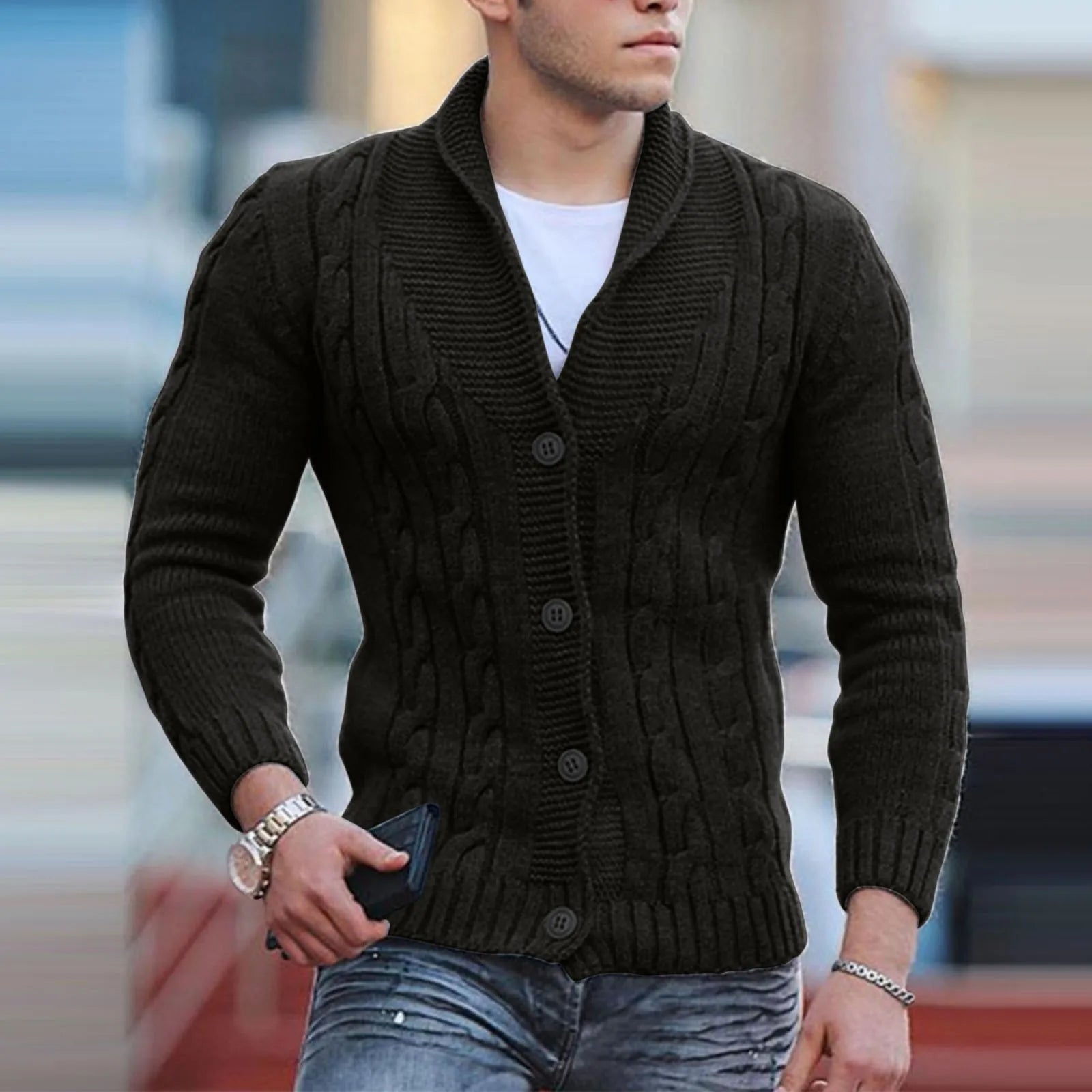 Mens Autumn Fashion Solid Color Knit Cardigan Sweater 2024 New Shawl Collar Loose Fit Long Sleeve Single-breasted Cardigans