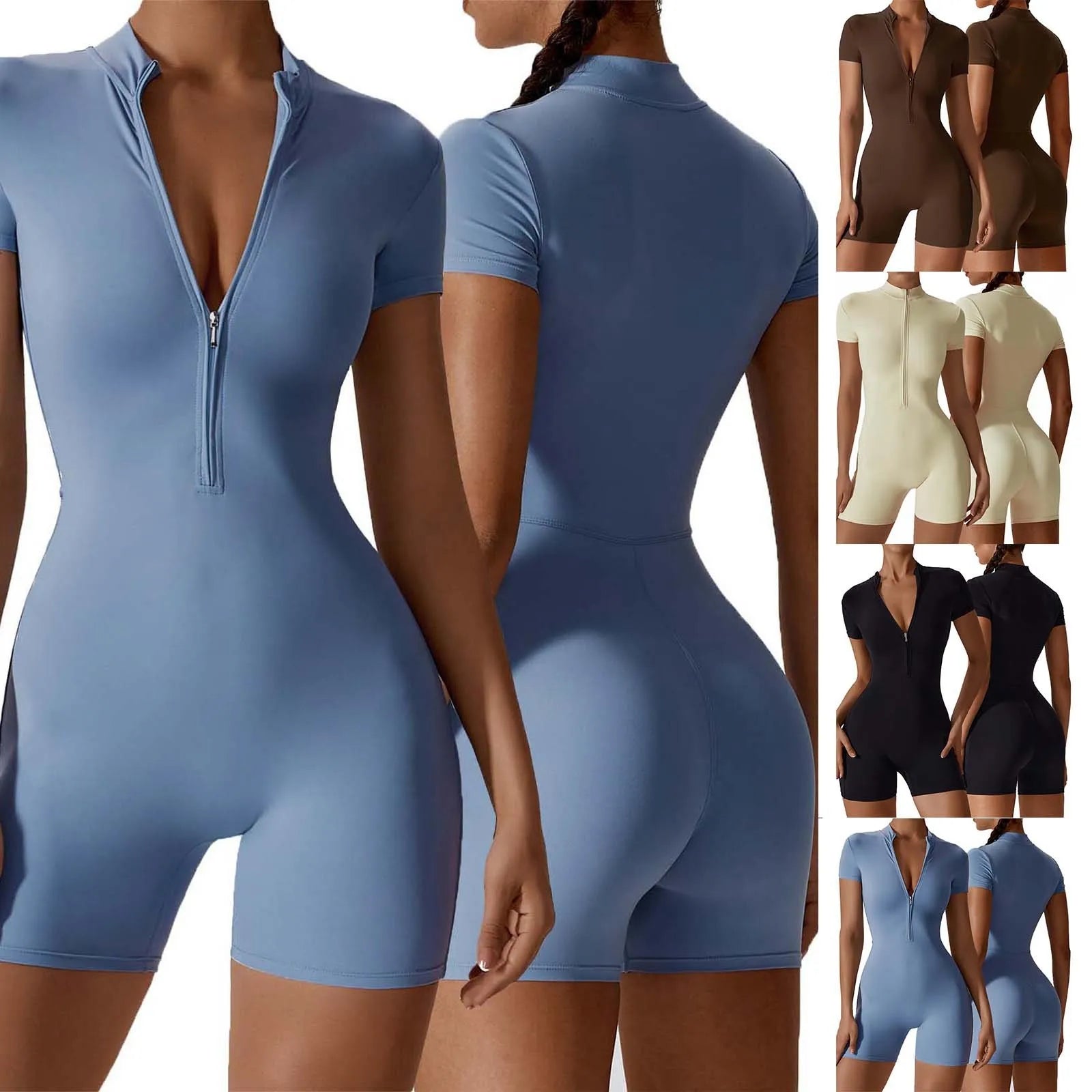 Women'S Solid Sporty Tight Playsuit Summer Zippered Front Short Sleeve Fitness Shorts Bodysuits