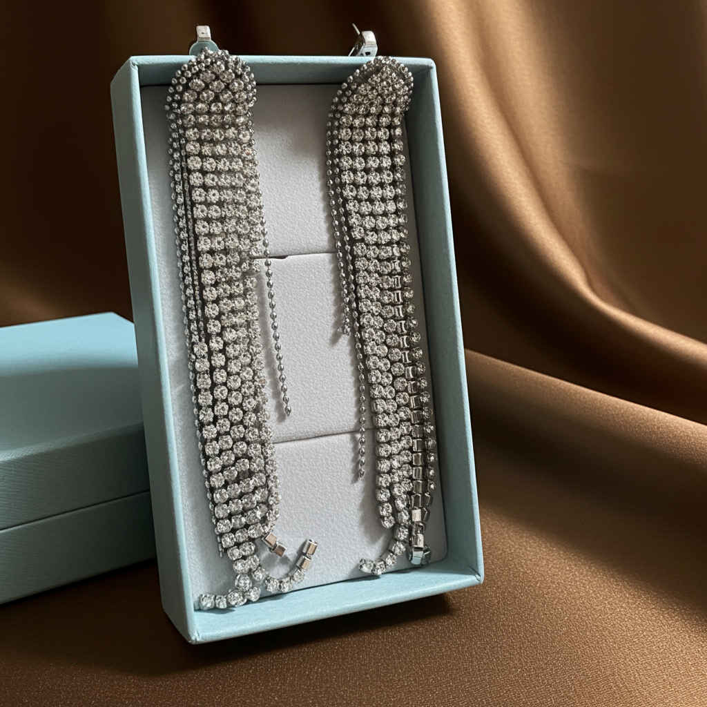 Long multi-strand rhinestone fringe statement earrings in silver-tone, reverse view