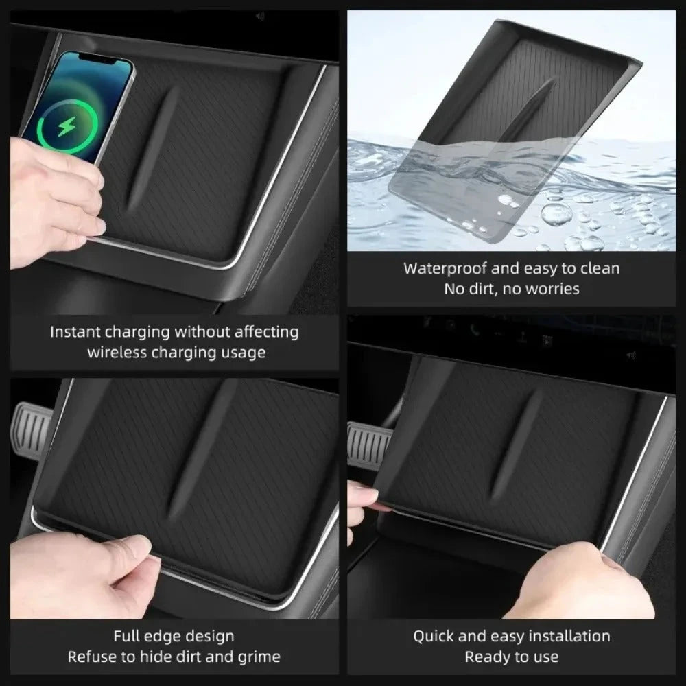 Wireless Charge Pad For Tesla Model Y LAUNCH 2025 Juniper Plaid Center Console Charging Station Mat Silicone Protector Anti-skid charging pad Trust Media 365   wireless charge pad tesla
