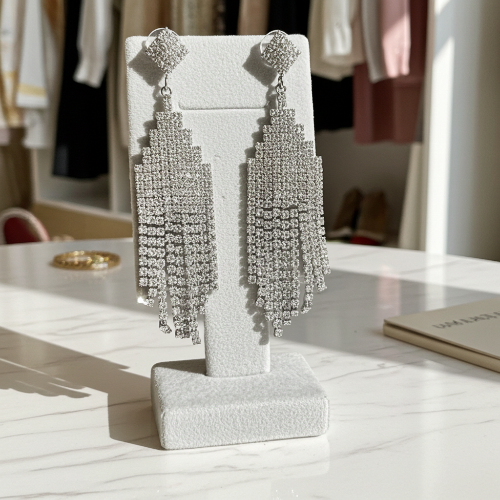 Clear rhinestone chandelier fringe statement earrings in silver-tone with graduated strands, reverse view