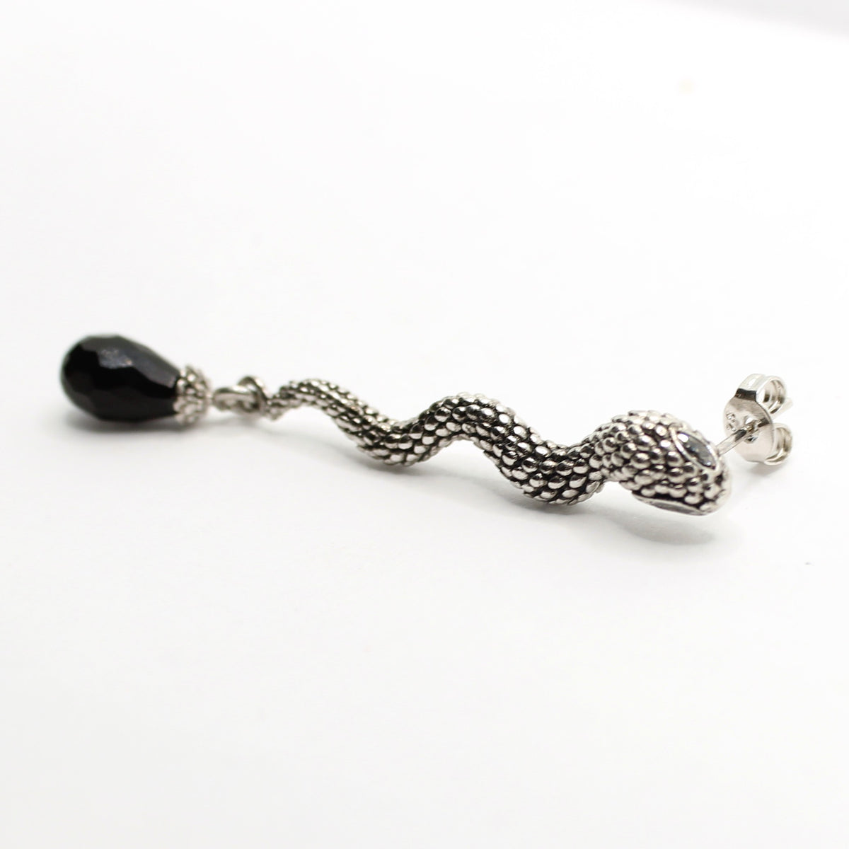 Black Faceted Teardrop Snake Drop Earrings, Silver-Tone, Post Backs