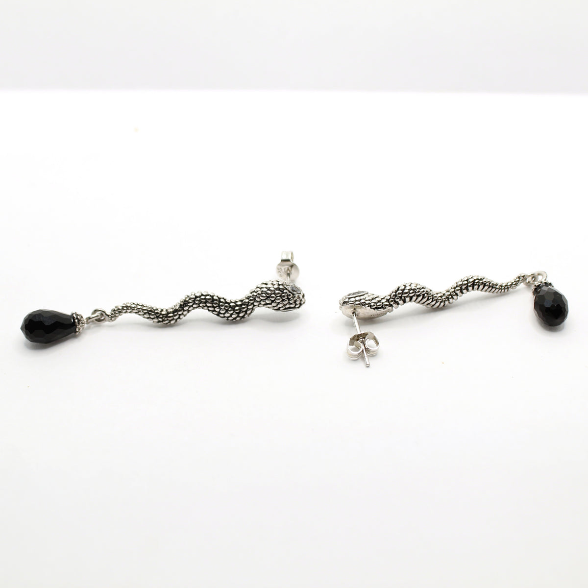 Black Faceted Teardrop Snake Drop Earrings, Silver-Tone, Post Backs - view 3
