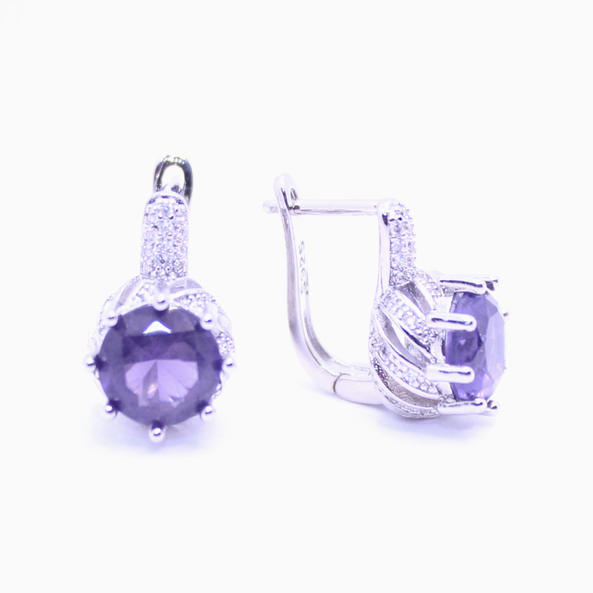 Purple Rhinestone Round Drop Earrings with Silver-Tone Pave Cap