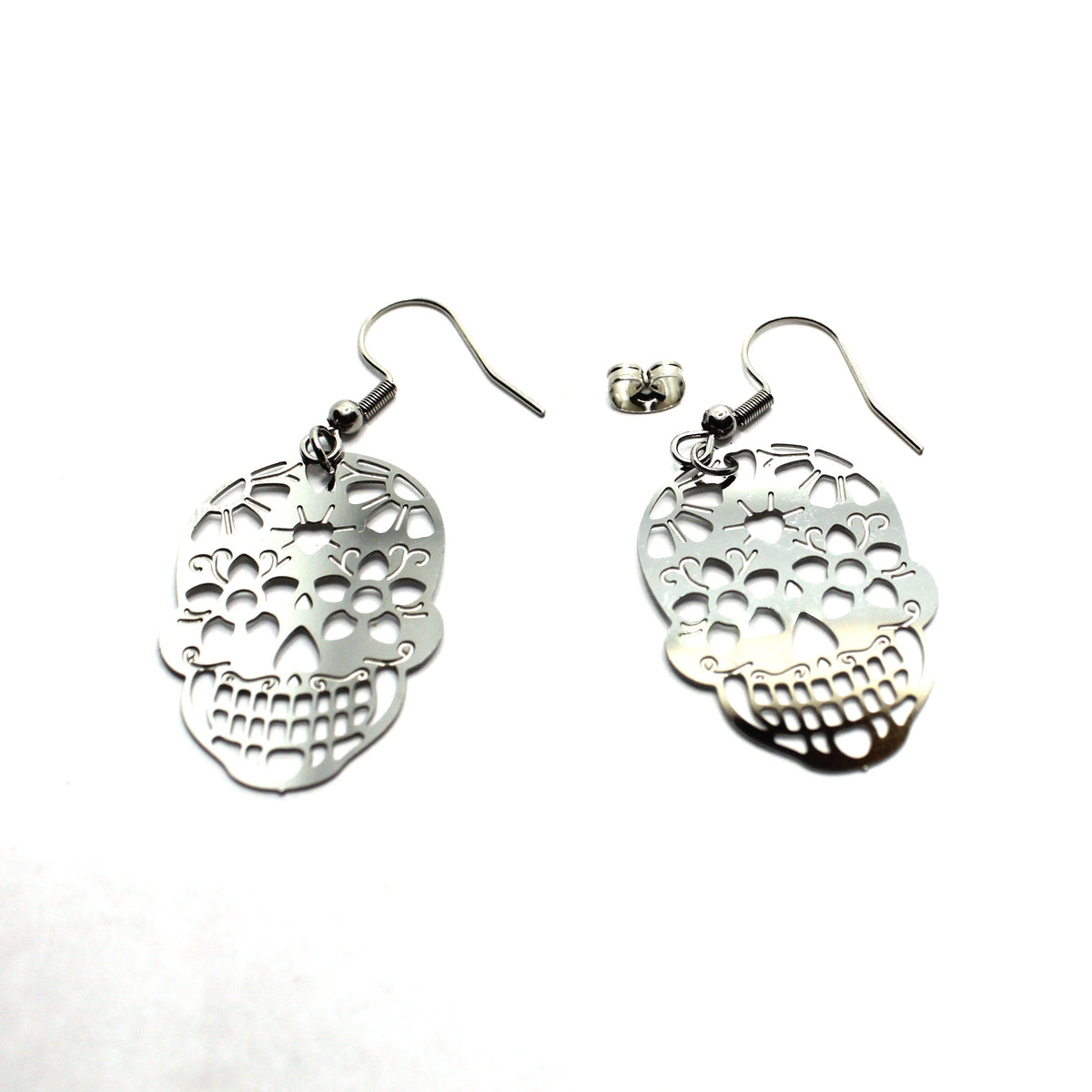Sugar Skull Filigree Dangle Earrings, Silver-Tone, Fish Hook