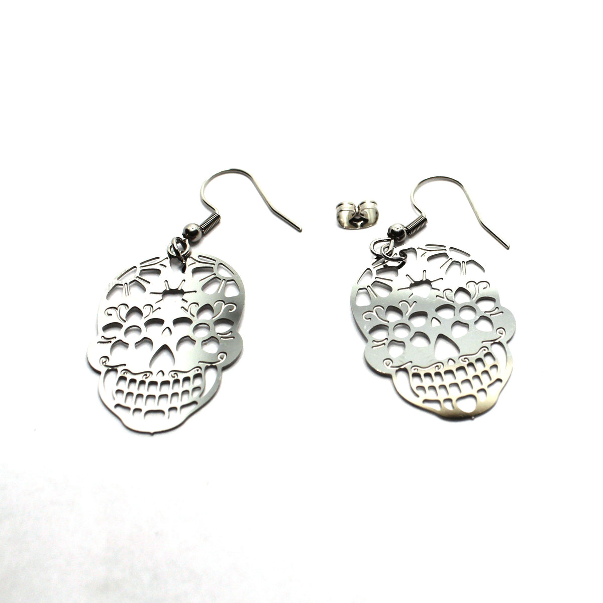 Sugar Skull Filigree Dangle Earrings, Silver-Tone, Fish Hook - view 2