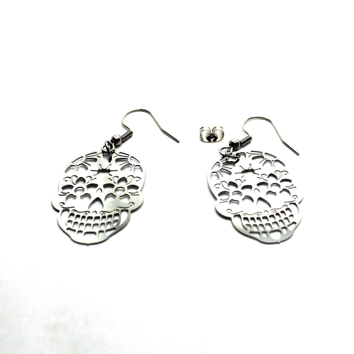Sugar Skull Filigree Dangle Earrings, Silver-Tone, Fish Hook - view 3