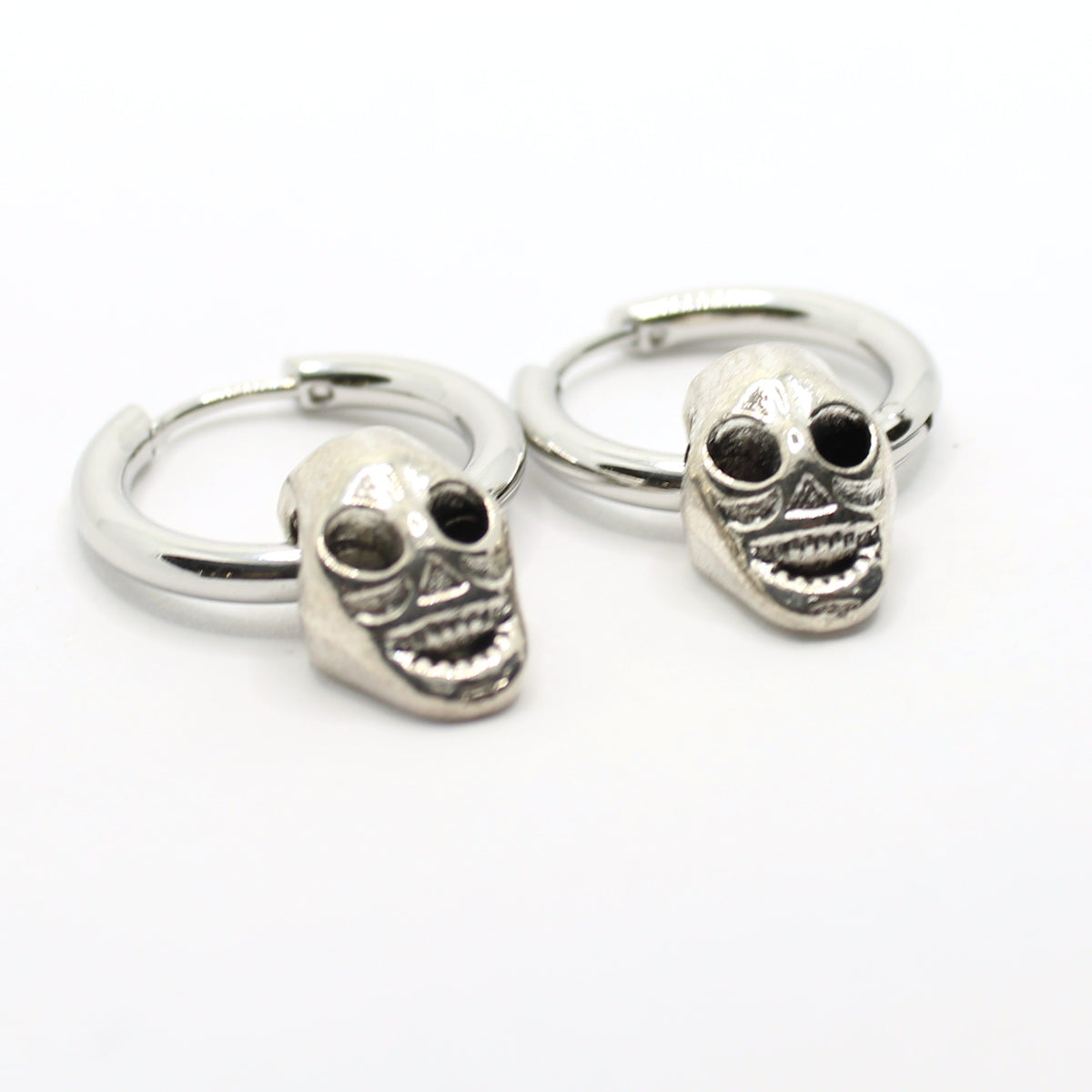 Skull Charm Huggie Hoop Earrings, Silver-Tone, Hinged - view 3