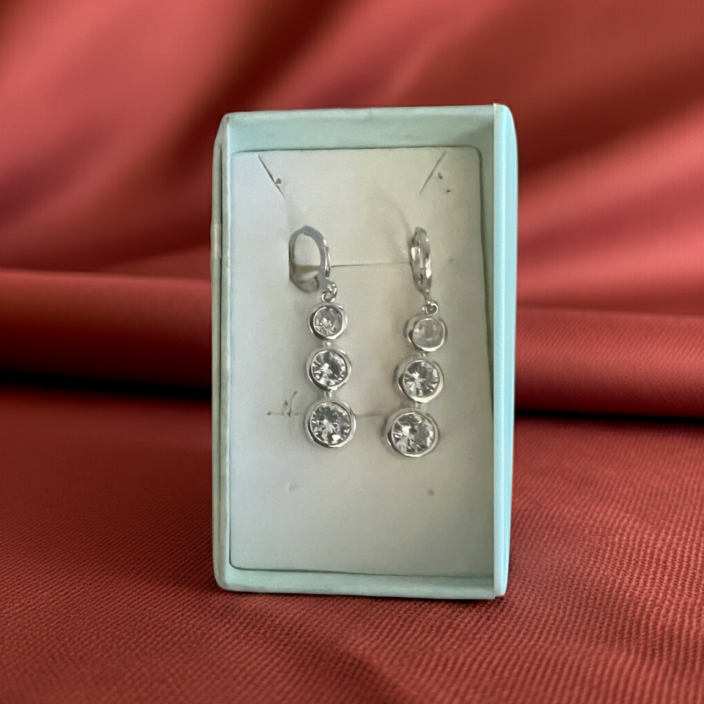 Three-stone bezel-set rhinestone drop earrings in silver-tone with leverback closure, alternate view