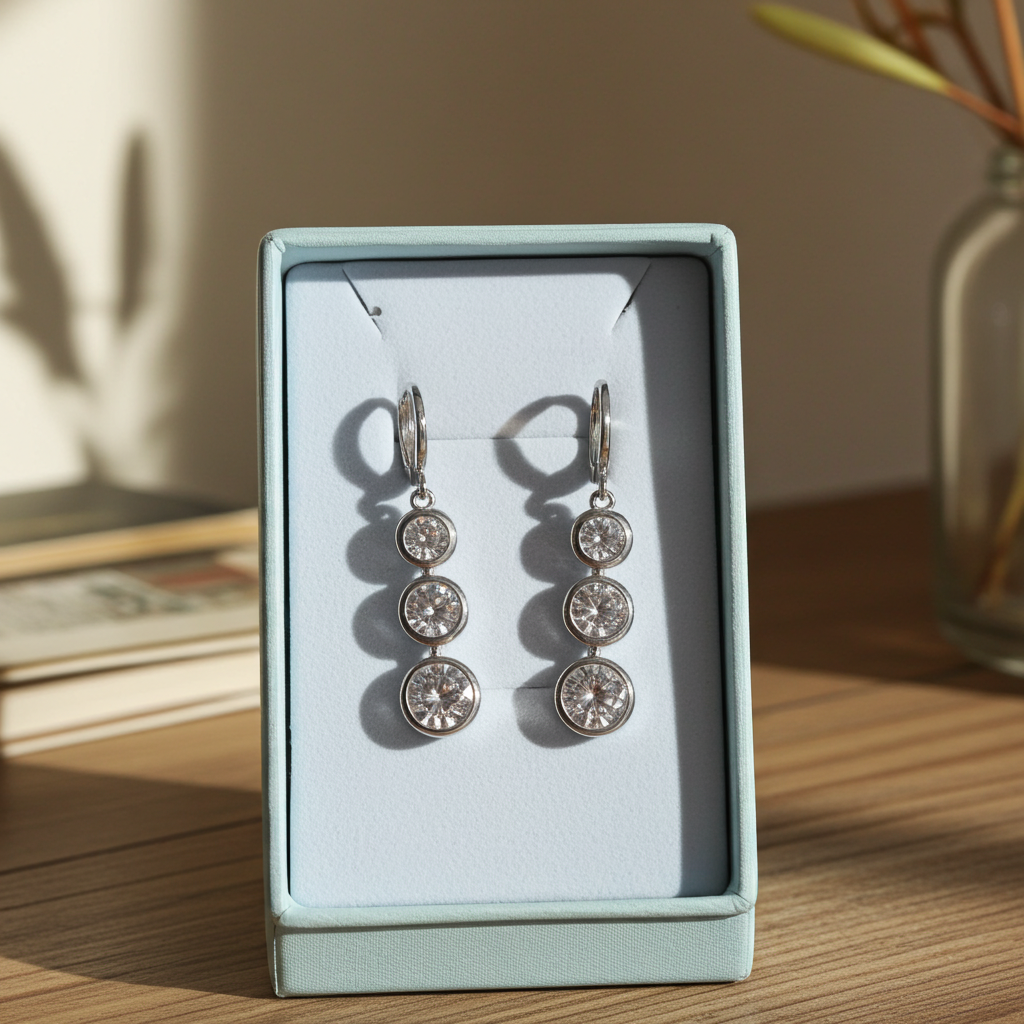 Three-stone bezel-set rhinestone drop earrings in silver-tone with leverback closure, angled view