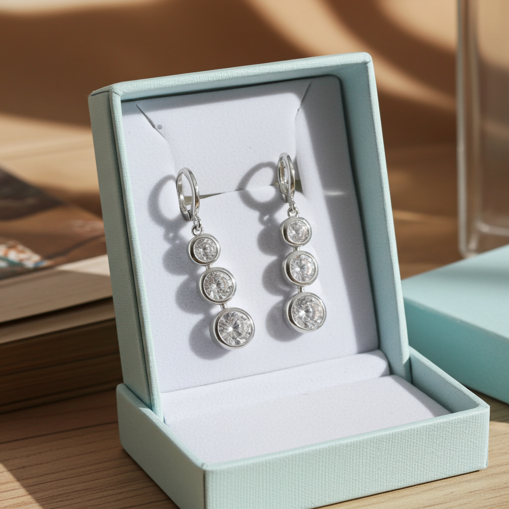 Three-stone bezel-set rhinestone drop earrings in silver-tone with leverback closure, reverse view