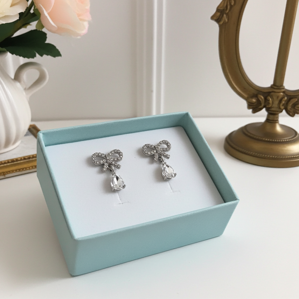 Pave rhinestone bow stud earrings with a faceted clear teardrop drop, silver-tone
