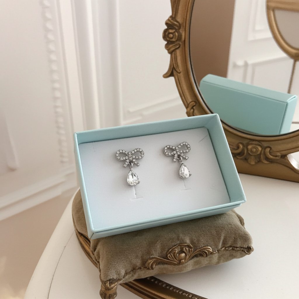 Pave rhinestone bow stud earrings with a faceted clear teardrop drop, silver-tone, reverse view