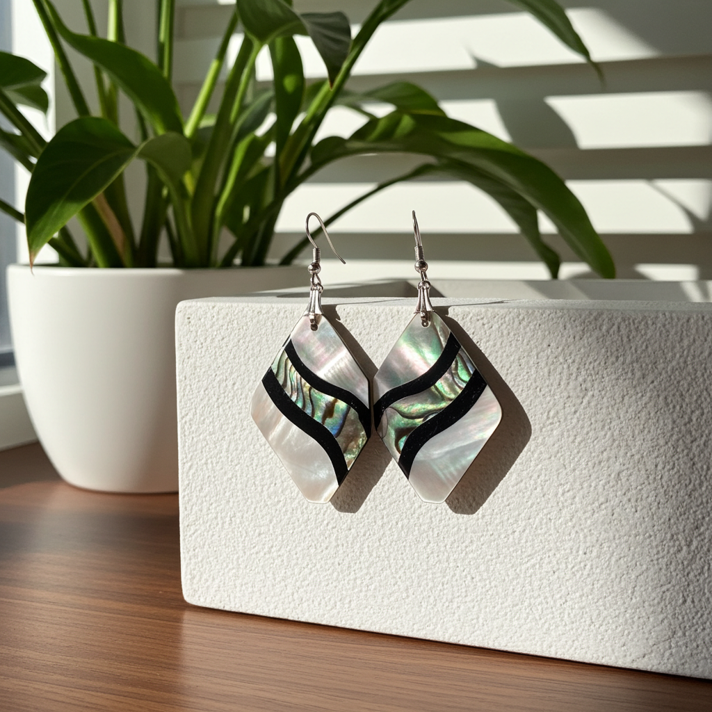 Shell-look kite drop earrings in iridescent green-blue and white with black banding, on silver-tone French hook ear wires