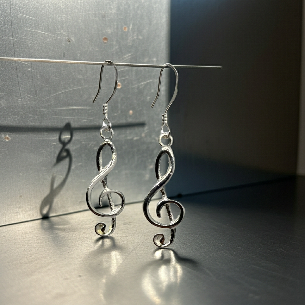 Silver-tone treble clef dangle earrings on French hook ear wires, close-up view