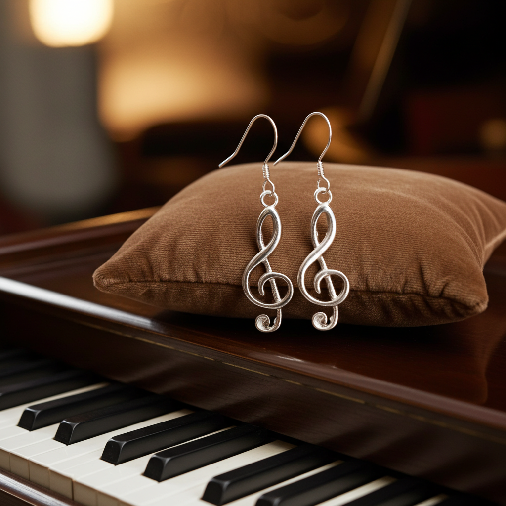 Silver-tone treble clef dangle earrings on French hook ear wires, further view