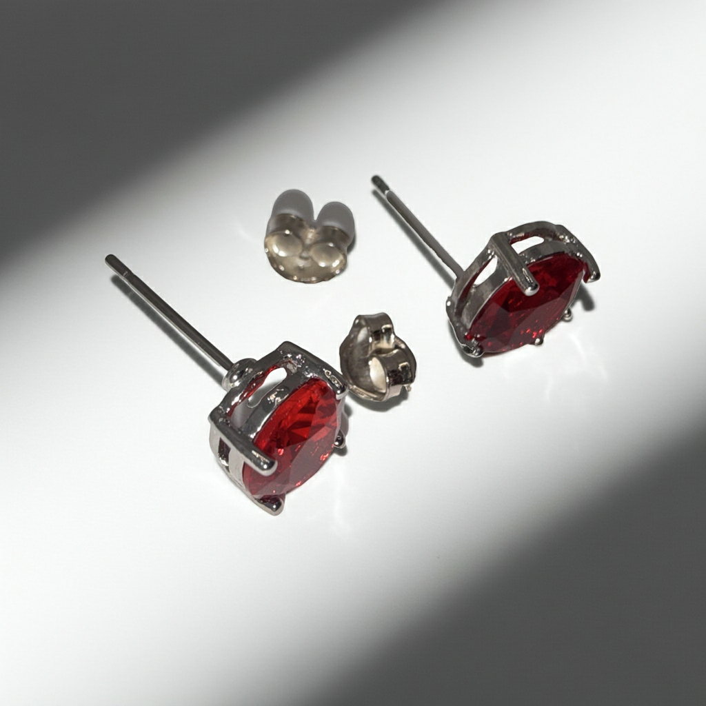 Silver-Tone Red Rhinestone Stud Earrings, Post Backs