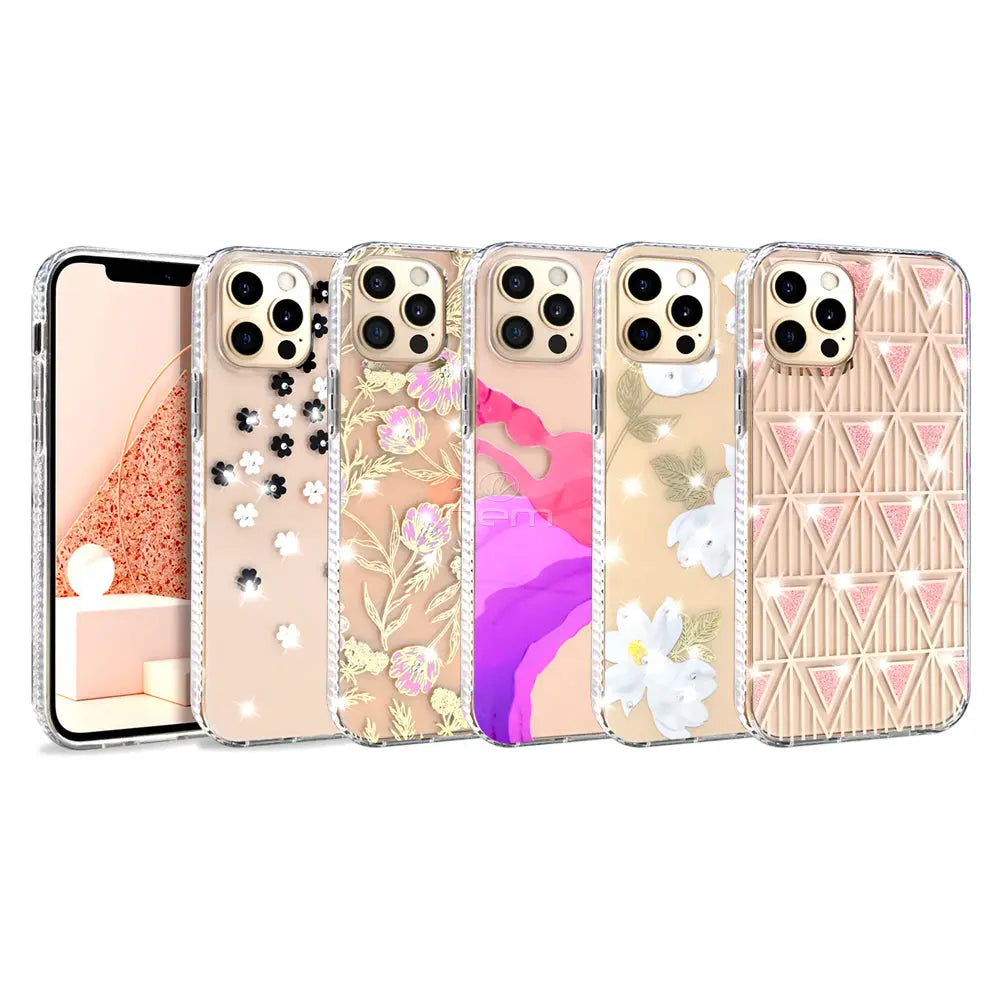 iPhone 12/12 Pro (6.1) Design Diamond, Purple Splash, White Flowers, Black Flowers Generic