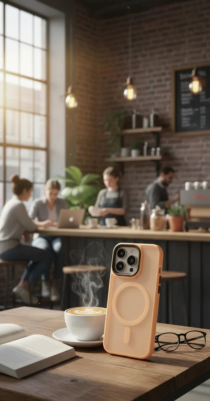 Hard PC bumper case for iPhone 14 and 15 with raised edges around the screen and camera, in hand