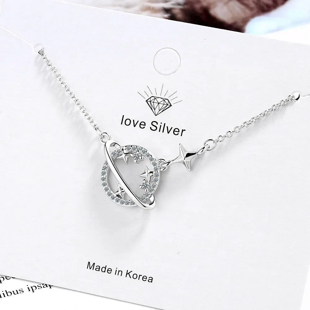 S925 Sterling Silver Planet Collection Star Zircon Pendant Necklace (40cm + 3.5cm) On Luxury Jewelry