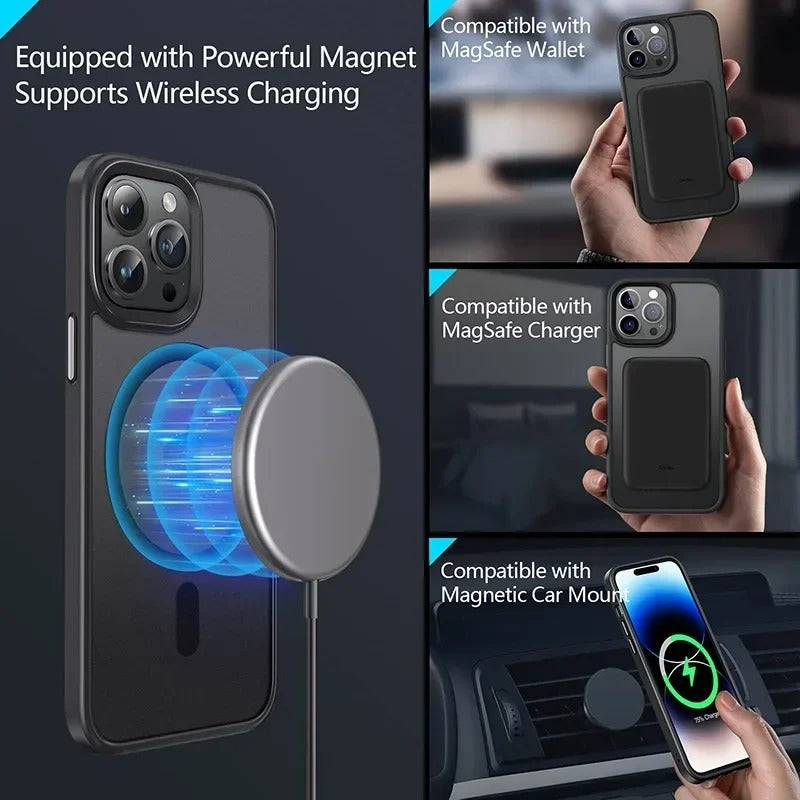 For Magnetic Luxury Matte Shockproof Translucent Armor Case For iPhone 15 14 Pro Max Plus Black