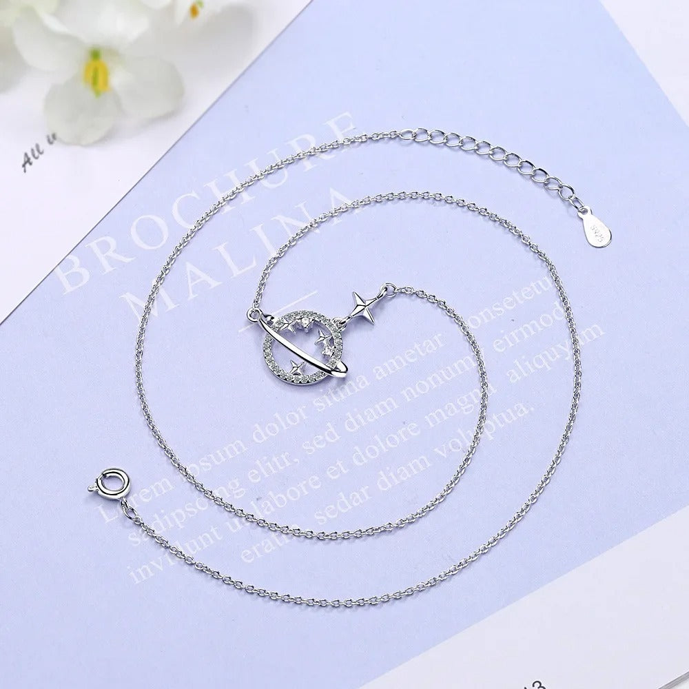 S925 Sterling Silver Planet Collection Star Zircon Pendant Necklace (40cm + 3.5cm) On Luxury Jewelry