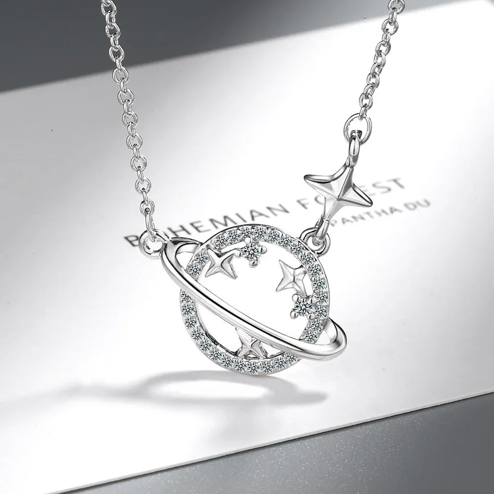 S925 Sterling Silver Planet Collection Star Zircon Pendant Necklace (40cm + 3.5cm) On Luxury Jewelry