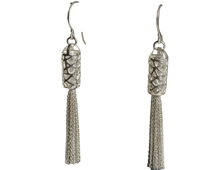 Silver-tone textured barrel chain tassel drop earrings on French hook ear wires, alternate view