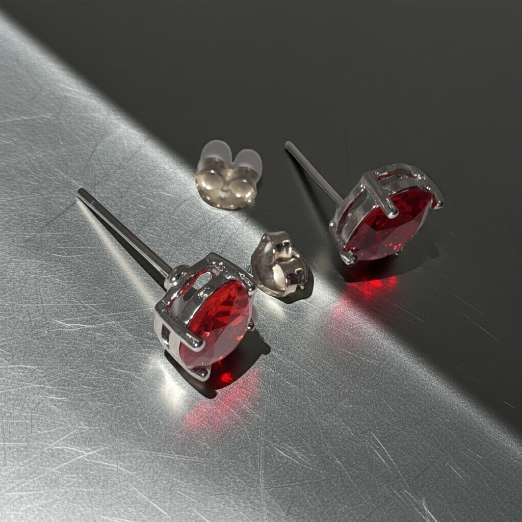 Silver-Tone Red Rhinestone Stud Earrings, Post Backs