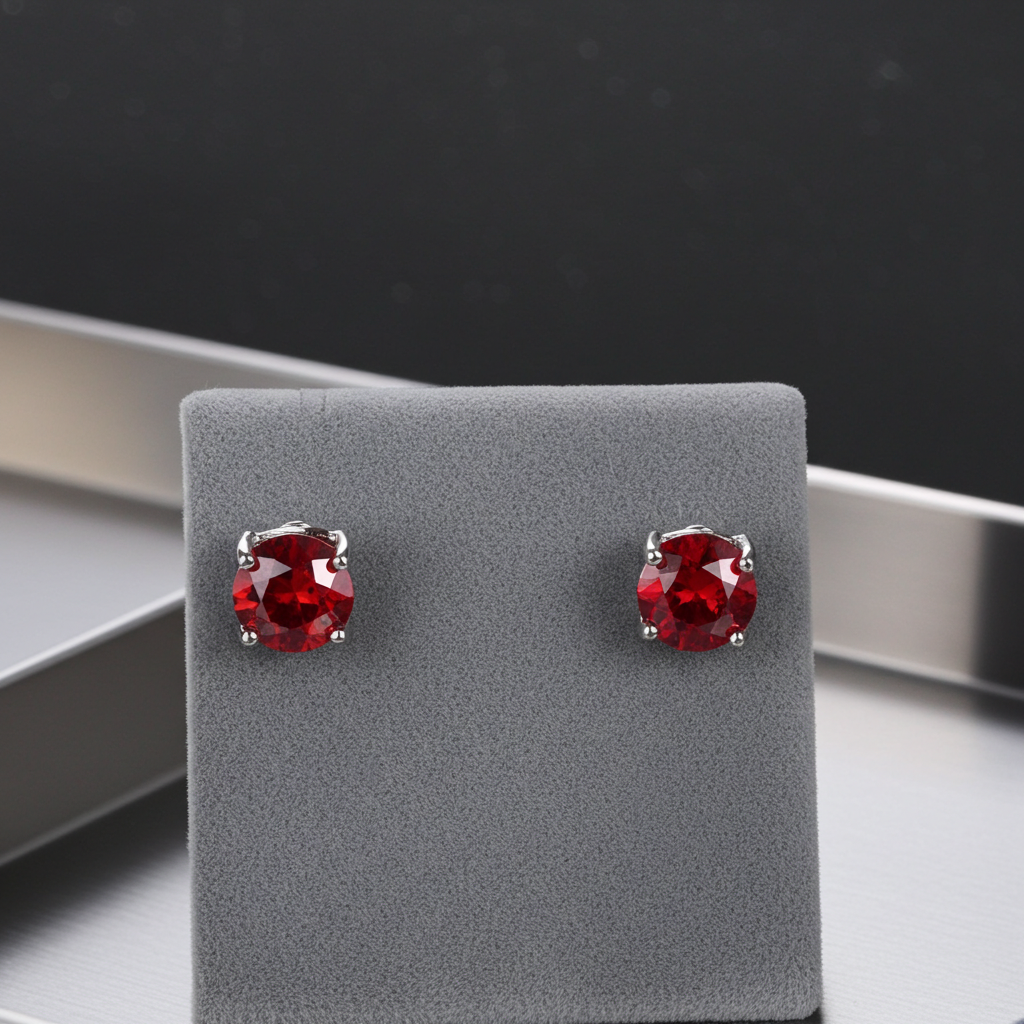 Silver-Tone Red Rhinestone Stud Earrings, Post Backs