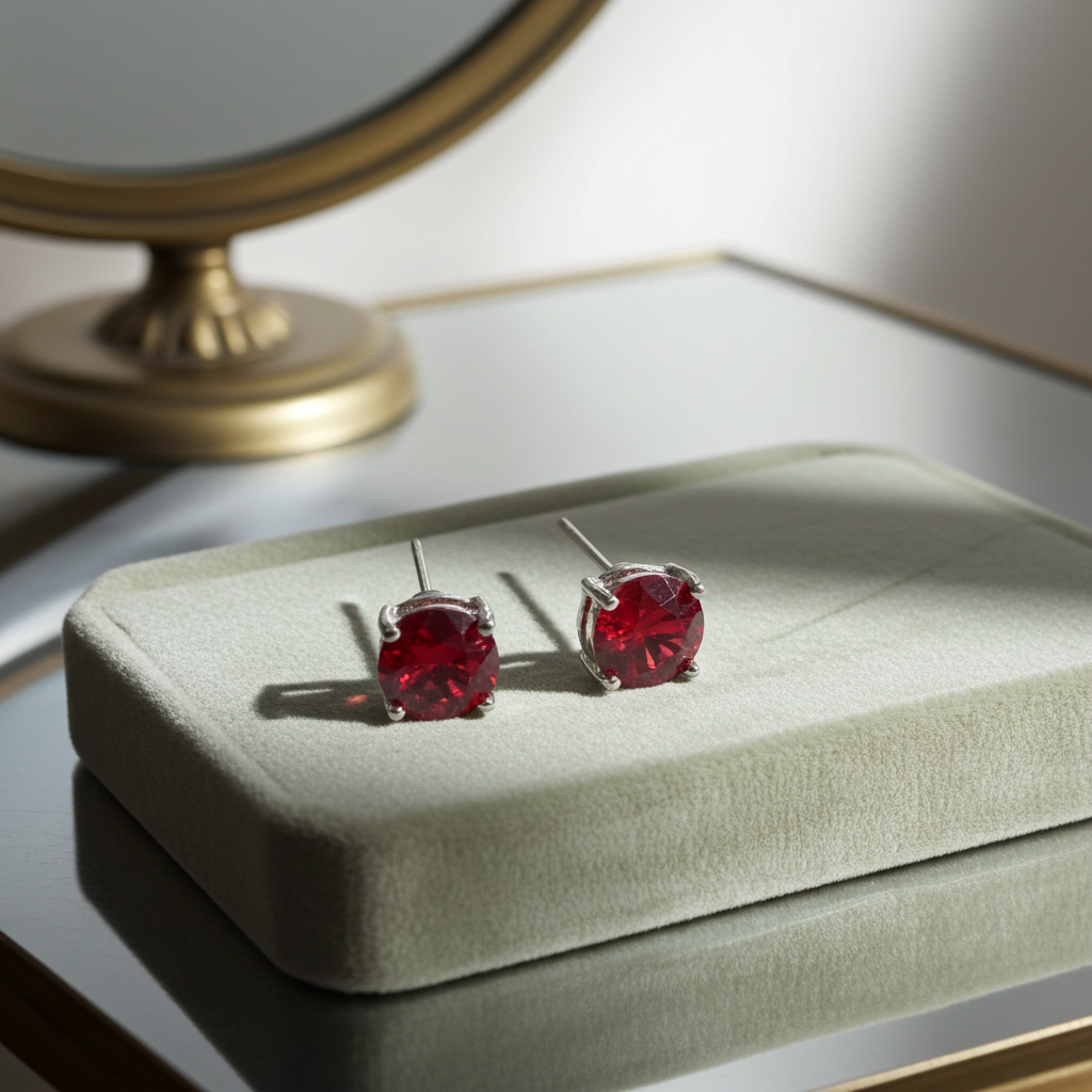 Silver-Tone Red Rhinestone Stud Earrings, Post Backs