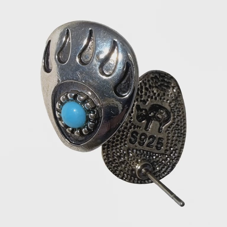 Silver-Tone Bear Paw Stud Earrings, Blue Stone Centre – product video