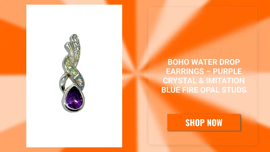 Boho Water Drop Earrings &ndash; Purple Crystal &amp; Imitation Blue Fire Opal Studs by@Outfy