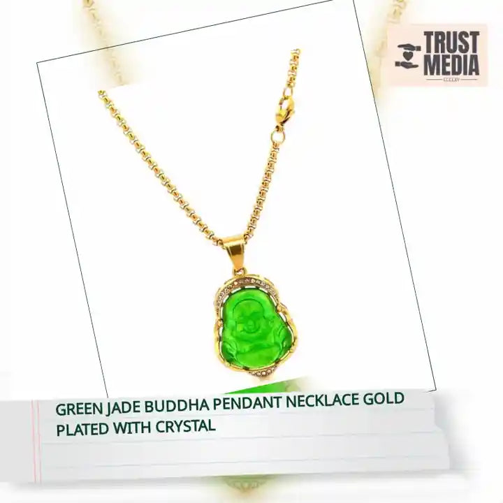 Green Jade Buddha Pendant Necklace Gold Plated With Crystal by@Outfy