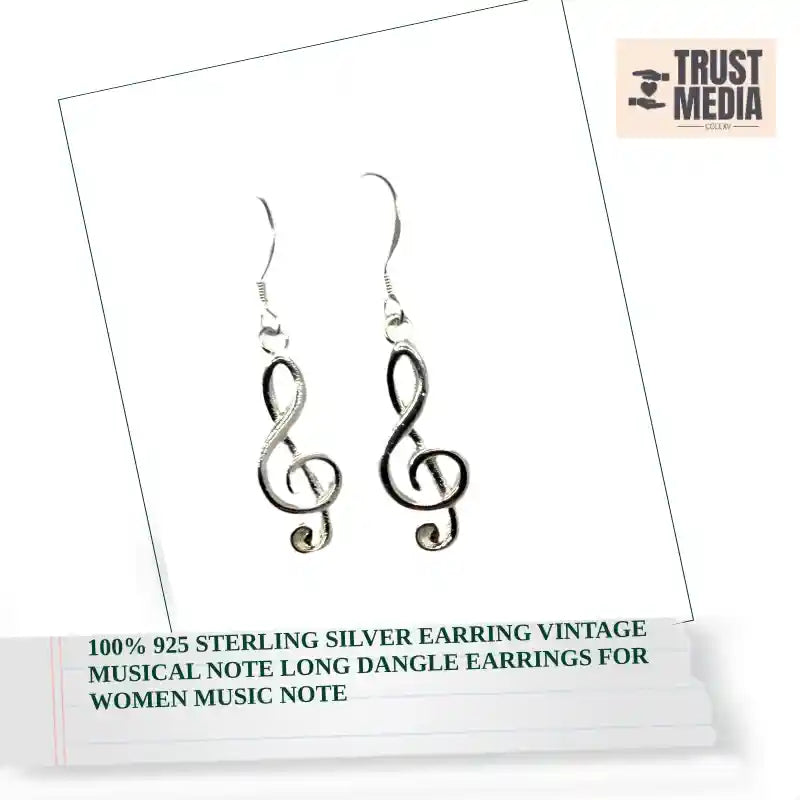100% 925 Sterling Silver Earring Vintage musical note Long Dangle Earrings For Women music note by@Outfy