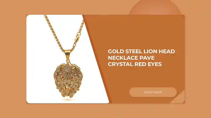 Gold Steel Lion Head Necklace Pave Crystal Red Eyes by@Outfy