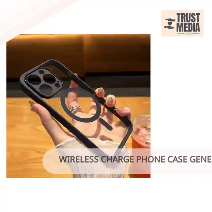 Wireless Charge Phone Case Generic Luxury Clear Magnetic Wireless Charge Phone Case for 11 12 13 14 15 Pro MAX Plus Shockproof Soft Bumper Cover, Black by@Outfy
