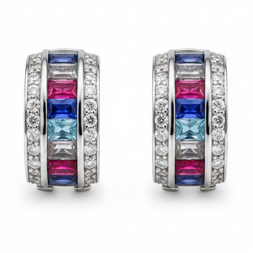 Multicolour Baguette Rhinestone Half-Hoop Earrings, Silver-Tone, on a plain white background