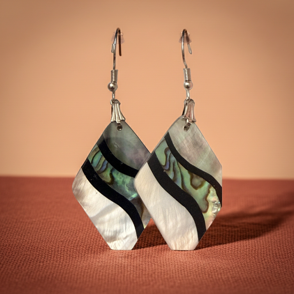 Shell-look kite drop earrings in iridescent green-blue and white with black banding, on silver-tone French hook ear wires, gallery view