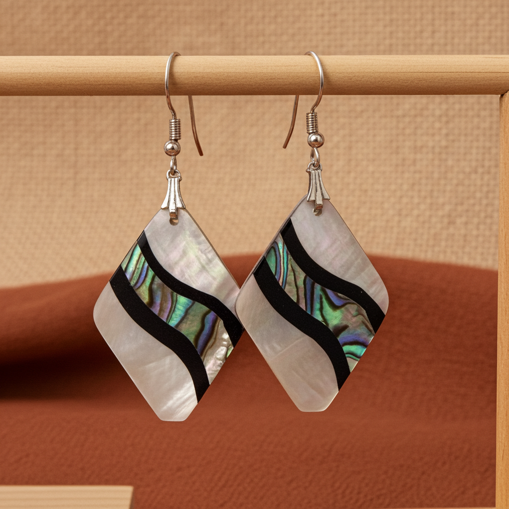 Shell-look kite drop earrings in iridescent green-blue and white with black banding, on silver-tone French hook ear wires, gallery view