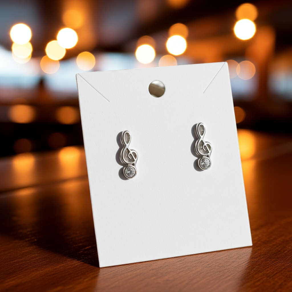 Mismatched music note stud earrings, a treble clef and an eighth note in silver-tone with a clear rhinestone accent, close-up view