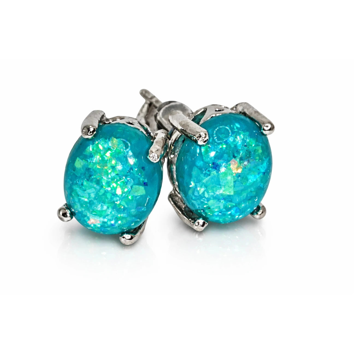 Silver-Tone Blue Iridescent Rhinestone Stud Earrings