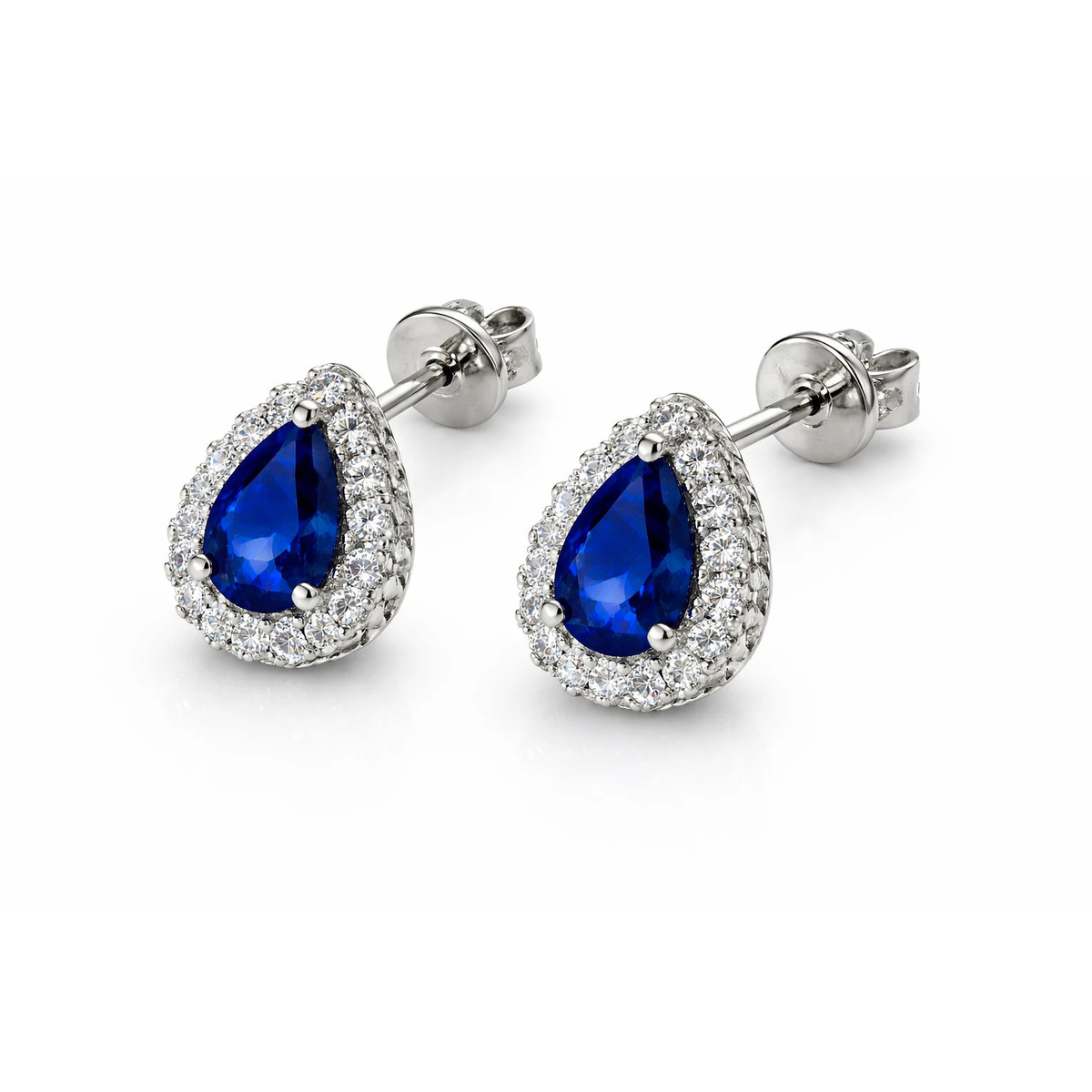 Silver-Tone Blue Teardrop Rhinestone Stud Earrings