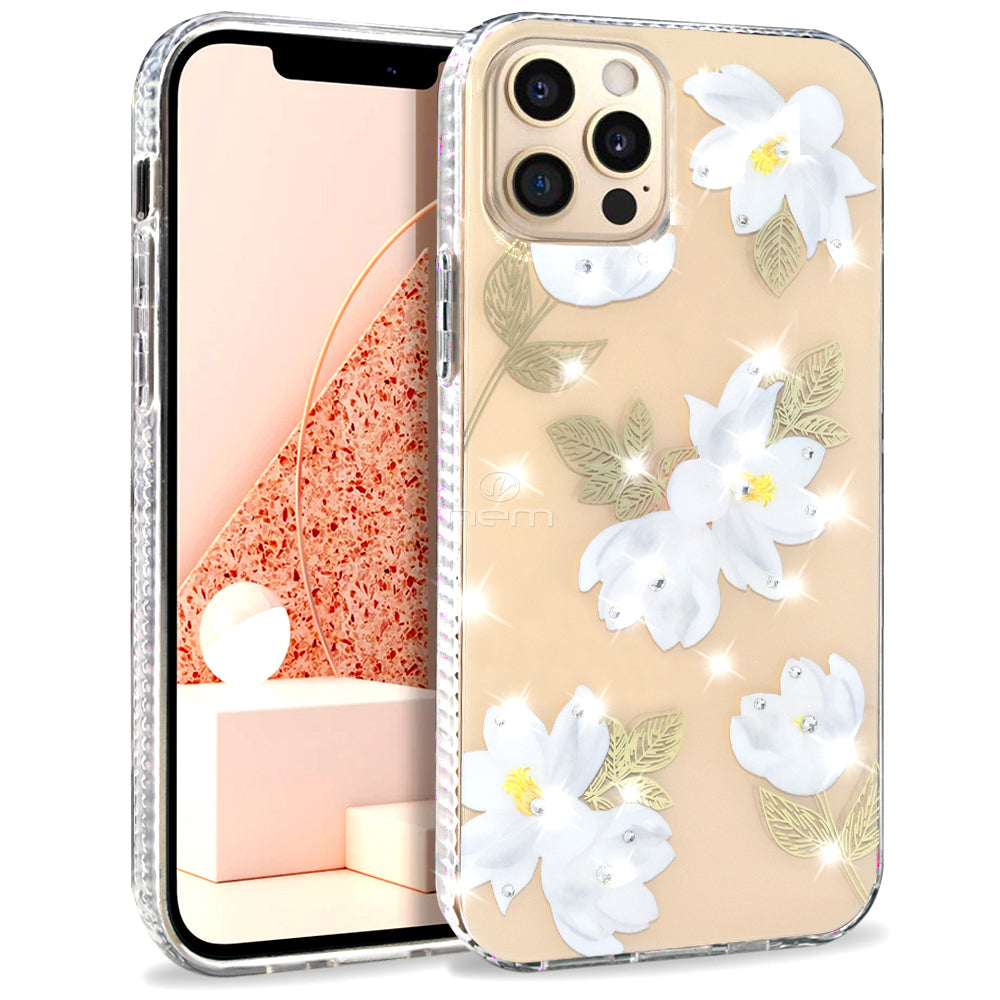 iPhone 12/12 Pro (6.1) Design Diamond, Purple Splash, White Flowers, Black Flowers