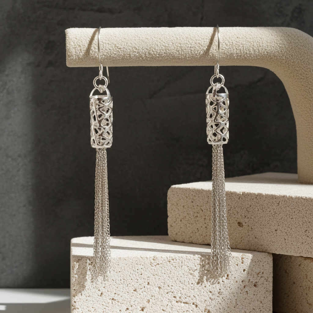 Silver-tone textured barrel chain tassel drop earrings on French hook ear wires